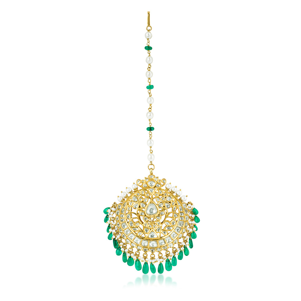 Polki Gold Tikka with Emerald Drops and Pearls